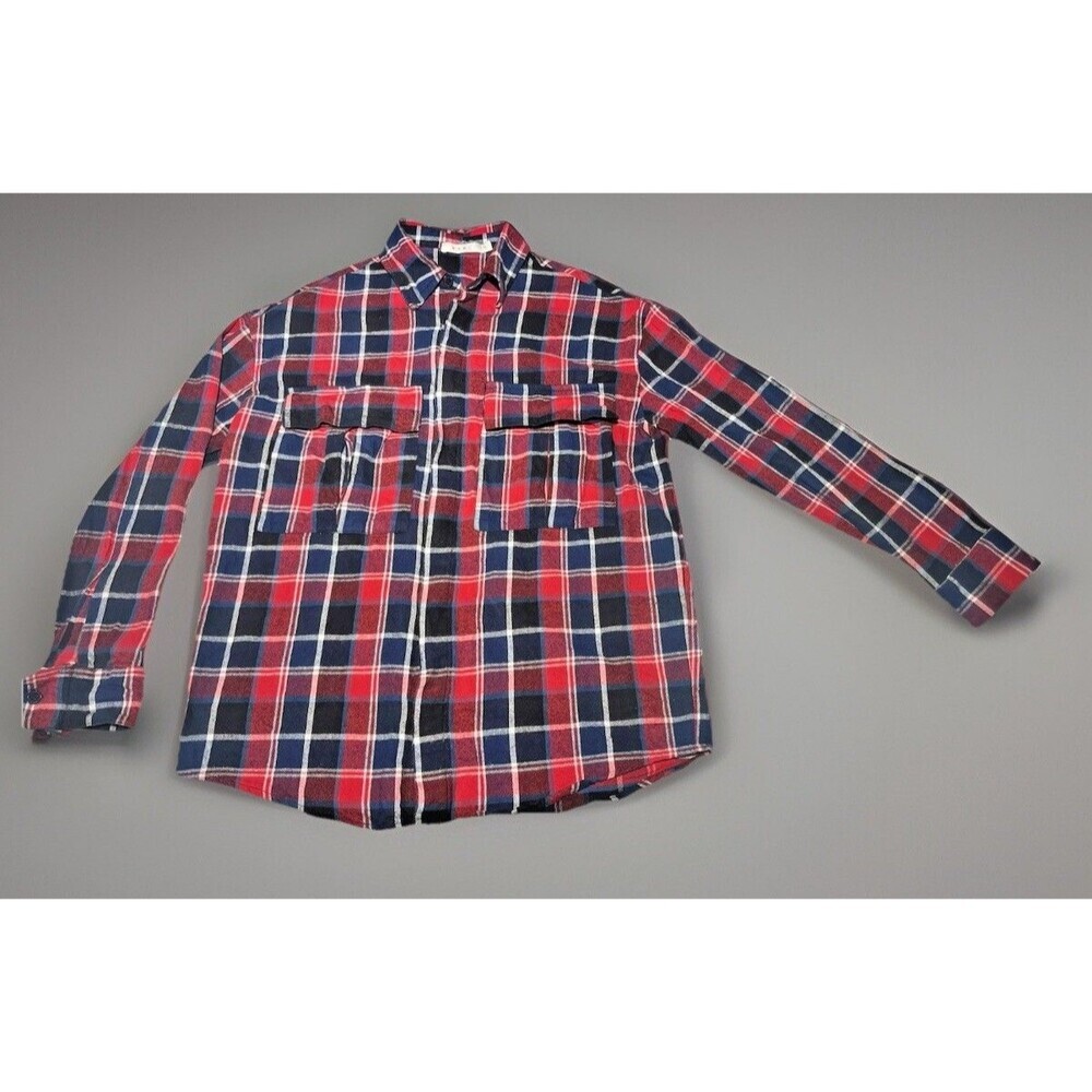 MNML Woven Flannel Plaid Shirt Pockets Men's Size Medium Red Blue Lumberjack